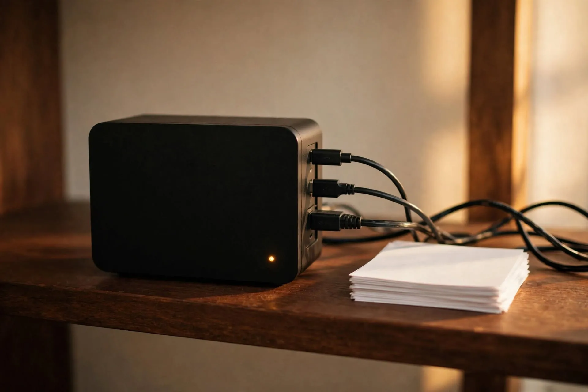 A small, compact computer sitting on a wooden shelf with a few cables plugged in and a small light glowing on its front.