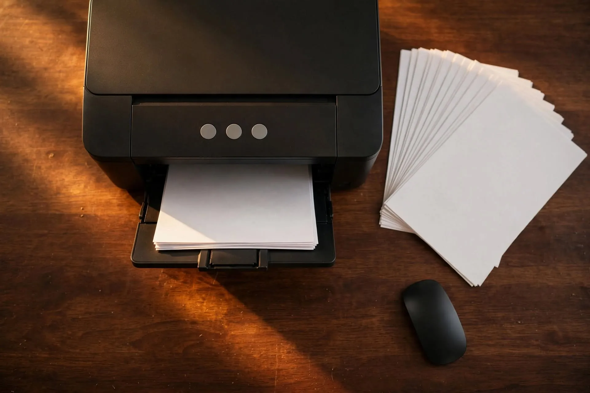 A desktop printer with three plain round buttons on its front and a few blank pages resting in its tray.